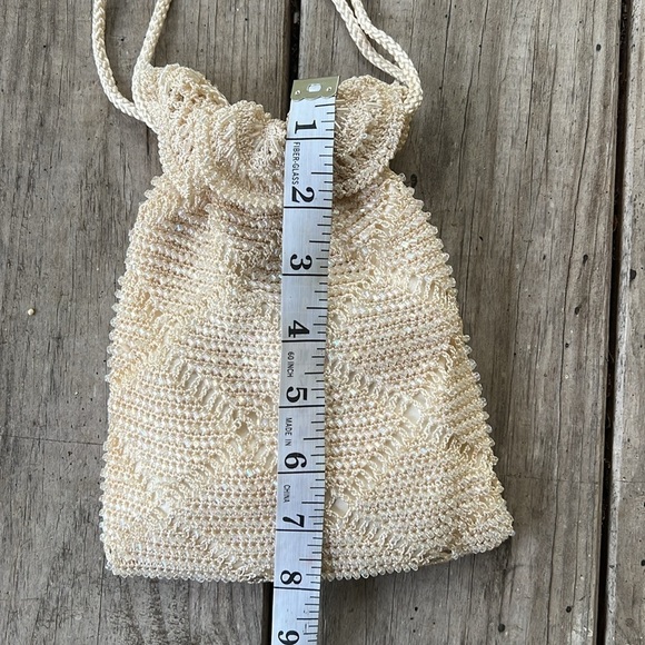Vintage Valerie Stevens Beaded Drawstring Pouch Bag Ivory Cream Bridal Purse - Picture 5 of 10